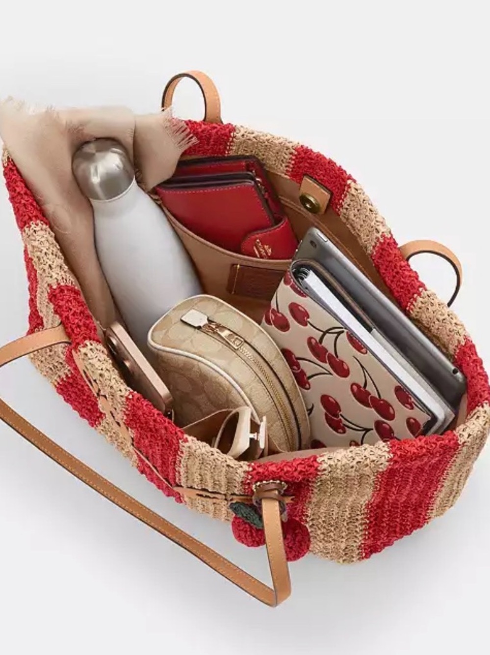 Coach Red and Cream Striped Crochet Tote with Pom-Pom Charm straw city tote new - Picture 3 of 14